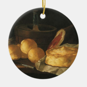Vintage Barock Stilleben med Bröd, Tårta, Skinka Julgransprydnad Keramik