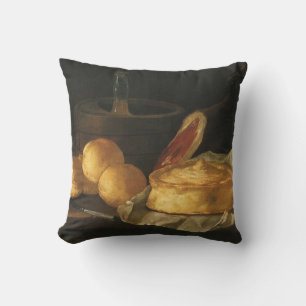 Vintage Barock Stilleben med Bröd, Tårta, Skinka Kudde