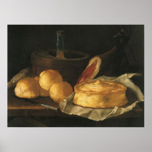 Vintage Barock Stilleben med Bröd, Tårta, Skinka Poster