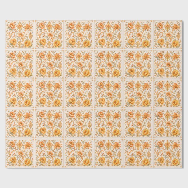 Vintage Barockt Blommönster – Varmt Orange /Guld Presentpapper (Platt)