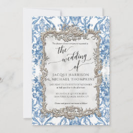 Vintage Baroque Blommigt Blue White Silver Bröllop Inbjudningar