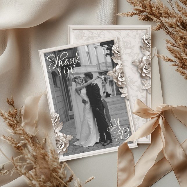 Vintage Baroque Blommigt Monogram Photo Bröllop Tack Kort (Elegant unique Baroque plaster floral frame vintage wedding monogram  photo thank you card)
