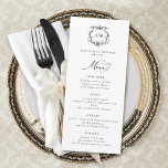 Vintage Baroque Blommigt Vapensköld Victorian Bröl Meny<br><div class="desc">Denna elegant Vintage Baroque Blommigt Vapensköld Victorian Bröllop Menu-kort i klassisk svartvitt har en botanisk monogramvapensköld i vintage stil som bildas av vinstockar av löv och blommigt accents.</div>