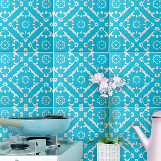 Vintage Baroque Cyan Blue och White Mönster Kakelplatta (Skapare uppladdad)