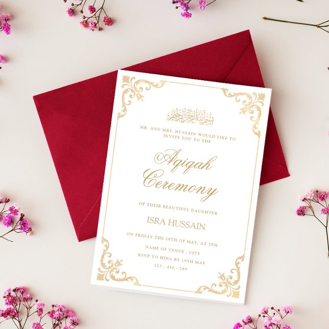 Vintage Baroque Guld Ram Girl Aqiqah Ceremony Inbjudningar (Skapare uppladdad)
