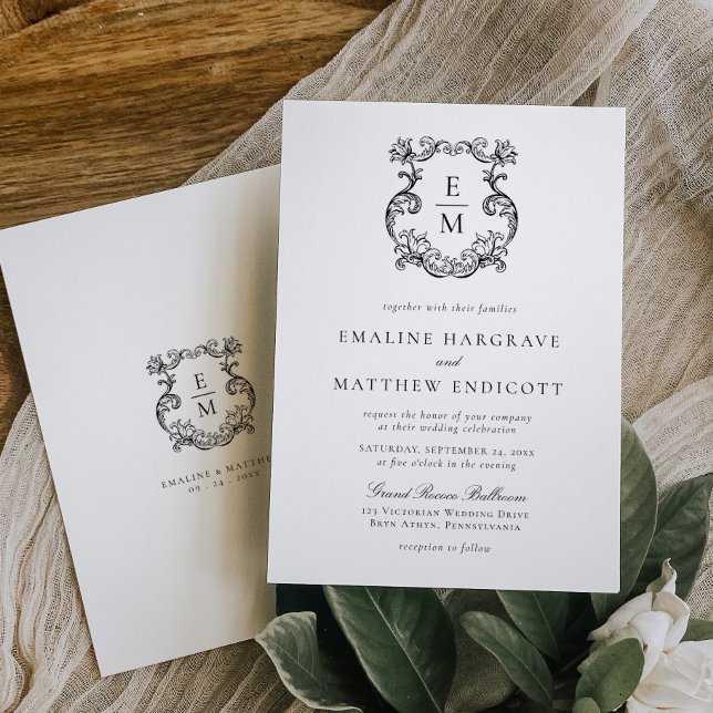 Vintage Baroque Monogram Vapensköld Bröllop Inbjudningar (Skapare uppladdad)