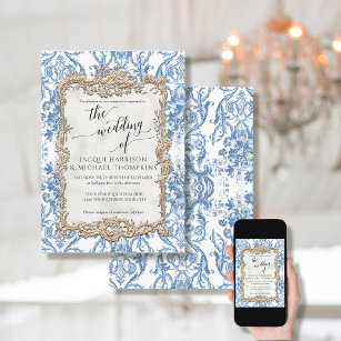 Vintage Baroque Rococo Blommigt Blue White Bröllop Inbjudningar