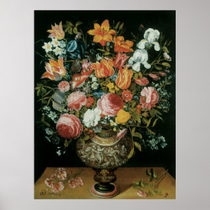 Vintage Baroque still Life Flowers i Vas Poster