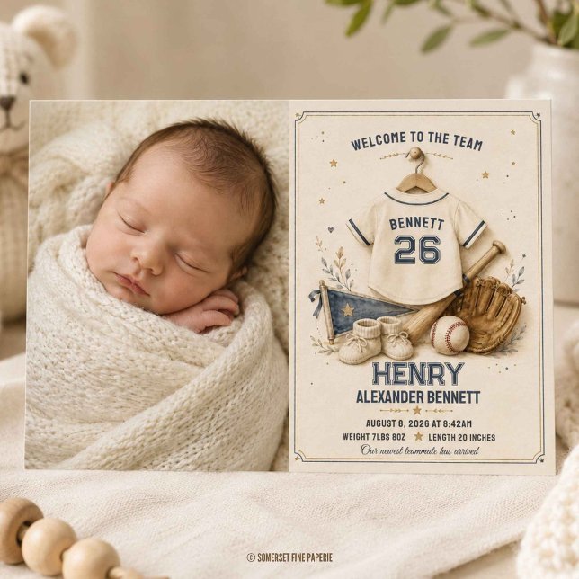 Vintage Baseball Baby Boy Foto Födelseannons Inbjudningar (Vintage Baseball Baby Boy Photo Birth Announcement Card Printed and Digital Download)