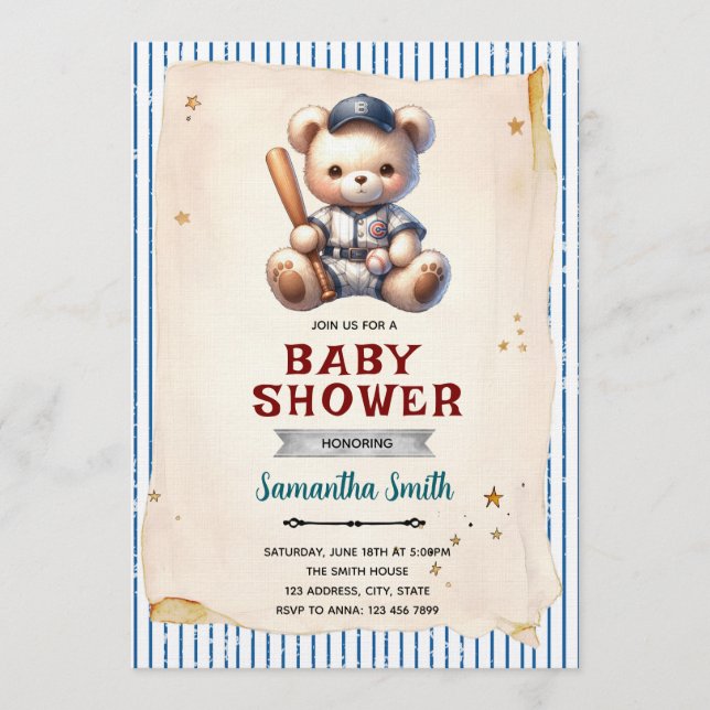 Vintage Baseball Bear Baby Shower Inbjudan (Framsida)