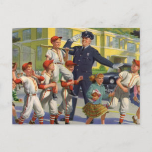 Vintage Baseball Players and Police Crossing Guard Vykort