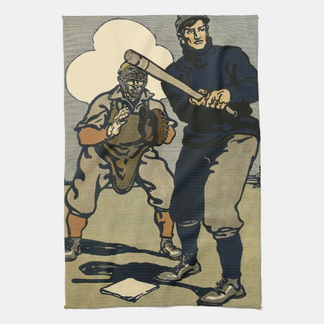 Vintage basebollspelare, stiliserad konst kökshandduk (Vertikal)
