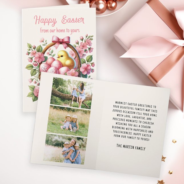 Vintage Basket Chick Eggs Photo Helgkort (Cute Easter greeting card with an adorable yellow chick in a basket of eggs. Personalized w/ photos)