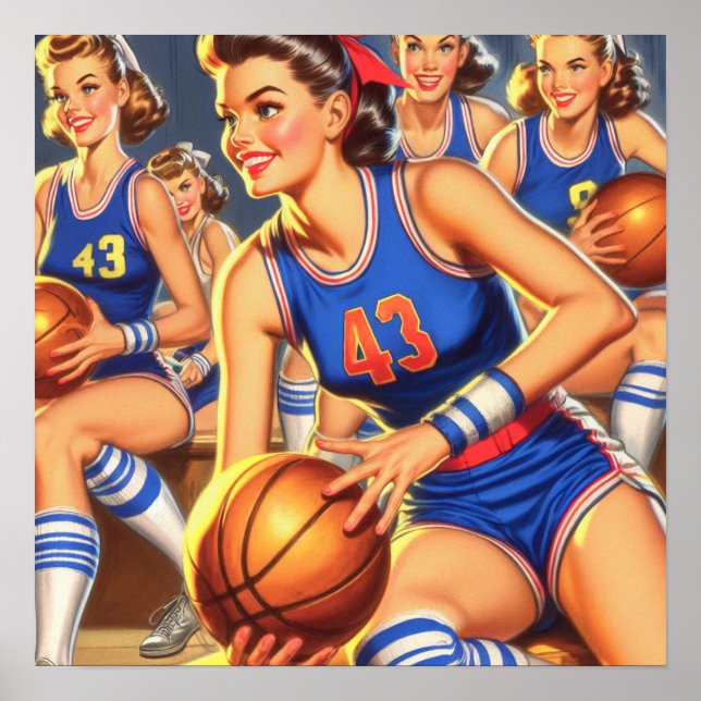 Vintage Basketball Girls Illustration Poster (Framsidan)