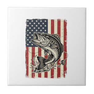 Vintage Bass Fiske Amerikansk Flagga Tröja Design_ Kakelplatta