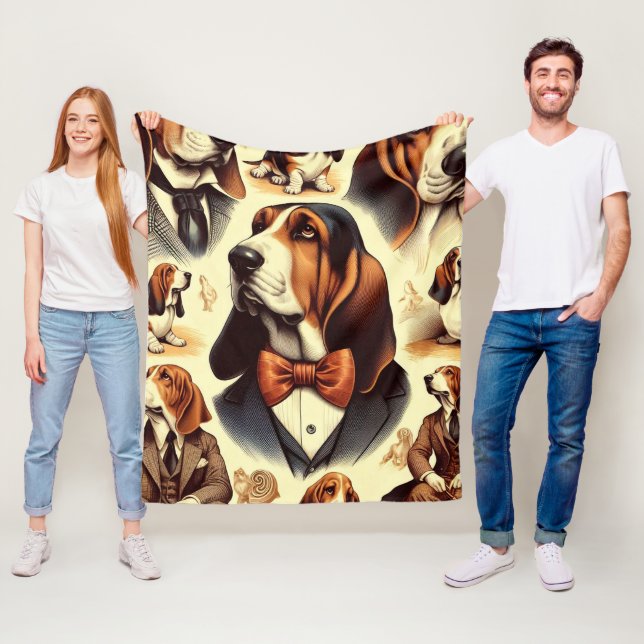 Vintage Basset Hound Illustration Fleecefilt (På plats)