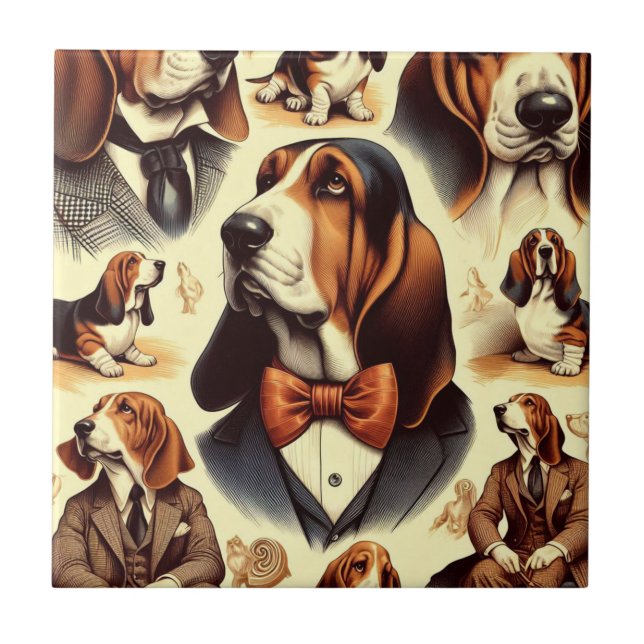 Vintage Basset Hound Illustration Kakelplatta (Framsidan)