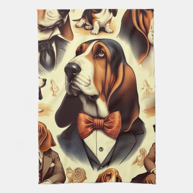 Vintage Basset Hound Illustration Kökshandduk (Vertikal)