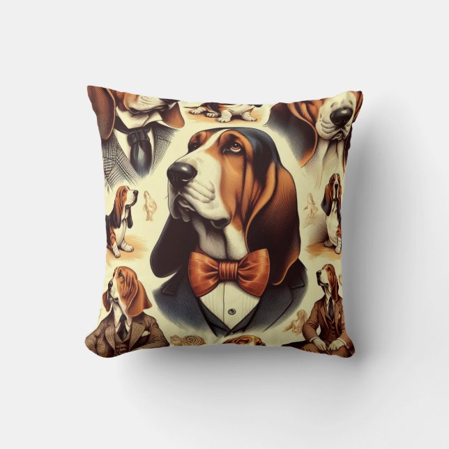 Vintage Basset Hound Illustration Kudde (Framsida)
