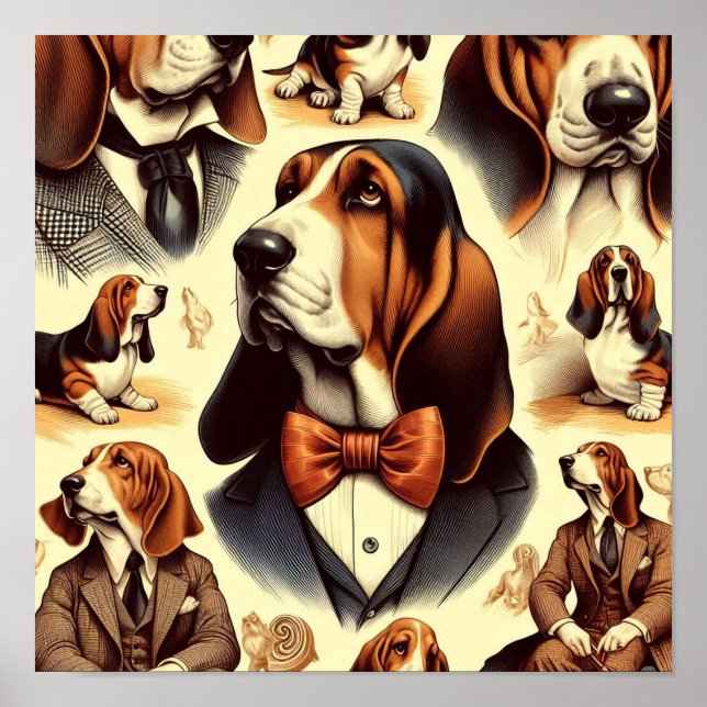 Vintage Basset Hound Illustration Poster (Framsidan)