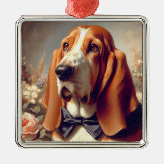 Vintage Basset Hound-målning Julgransprydnad Metall (Framsidan)