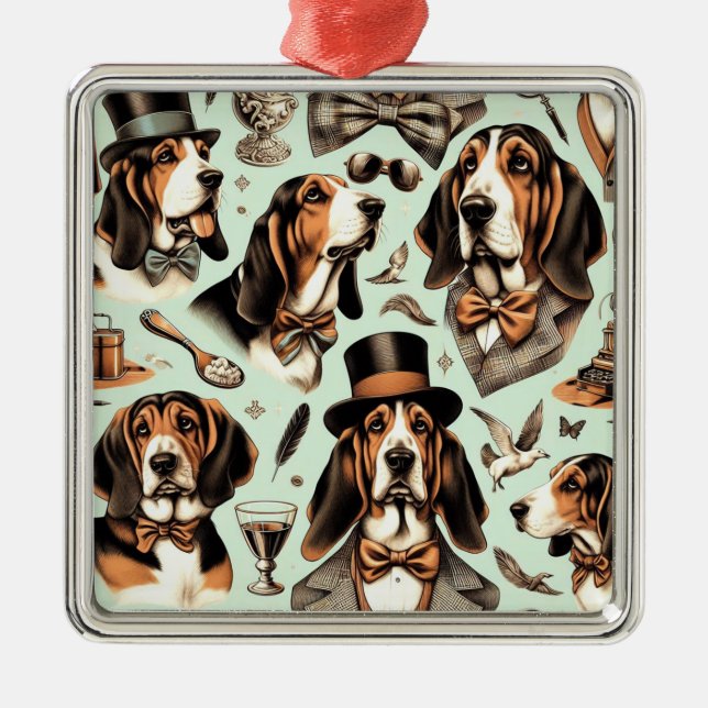 Vintage Basset Hound Seamless Julgransprydnad Metall (Framsidan)