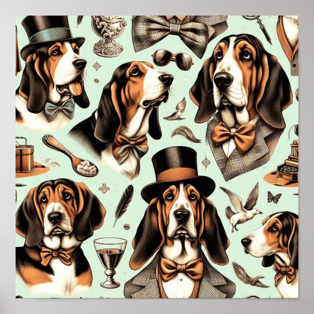 Vintage Basset Hound Seamless Poster (Framsidan)