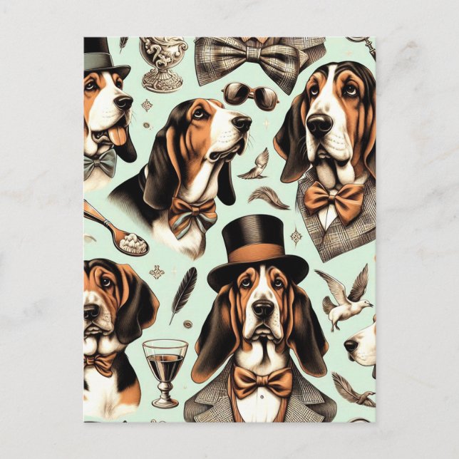 Vintage Basset Hound Seamless Vykort (Framsida)
