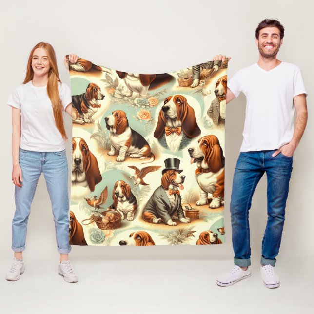 Vintage Basset Hound Sömlös illustration Fleecefilt (På plats)