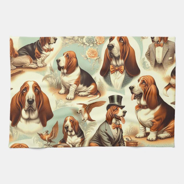 Vintage Basset Hound Sömlös illustration Kökshandduk (Horisontell)