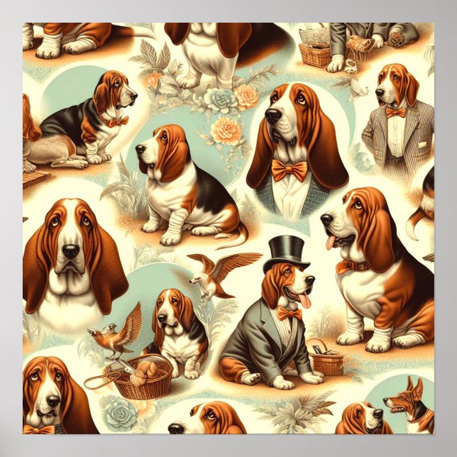 Vintage Basset Hound Sömlös illustration Poster (Framsidan)