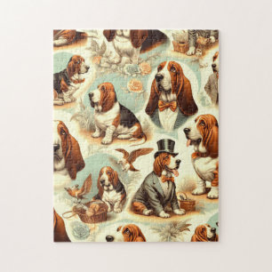 Vintage Basset Hound Sömlös illustration Pussel