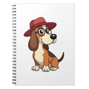 Vintage Basset Hound Tecknad Bild i Röd Hatt Söt H Anteckningsbok