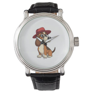 Vintage Basset Hound Tecknad bild i röd hatt Söt h Armbandsur