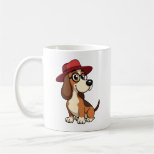 Vintage Basset Hound Tecknad Bild i Röd Hatt Söt H Kaffemugg
