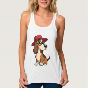Vintage Basset Hound Tecknad Bild i Röd Hatt Söt H Linne Med Racerback