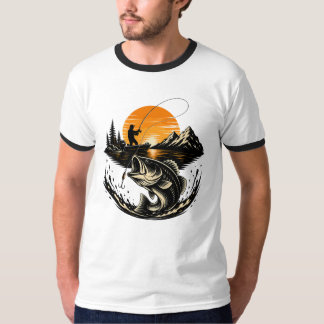Vintage Bassfiske Solnedgång Fiskare Design T Shirt
