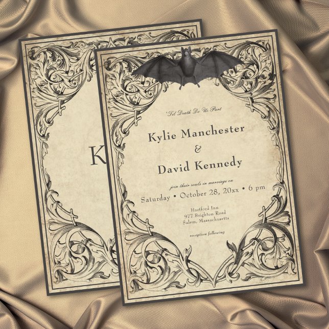 Vintage Bat Until Death Black Parchment Wedding Inbjudningar (Vintage Bat Until Death Black Parchment Wedding Invitation)