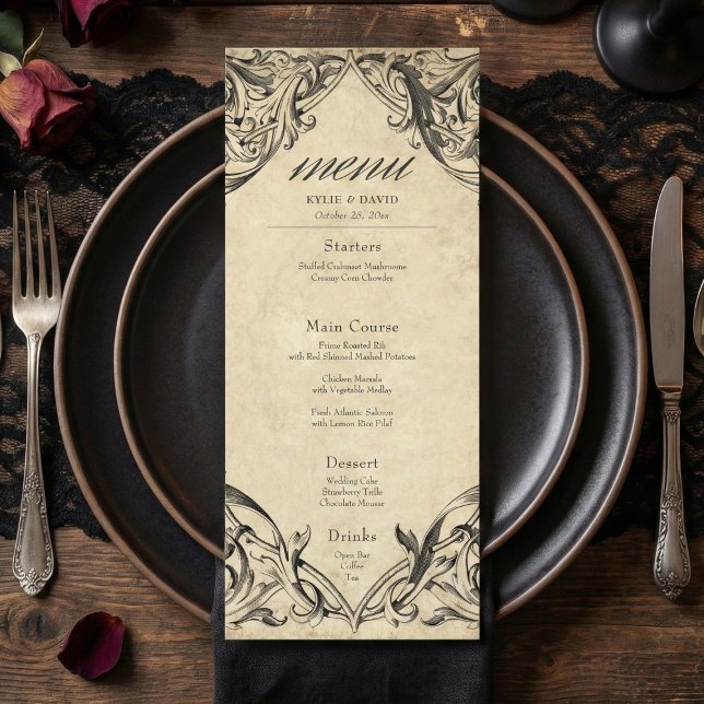 Vintage Bat Until Death Black Parchment Wedding Meny (Vintage Bat Until Death Black Parchment Wedding Menu)