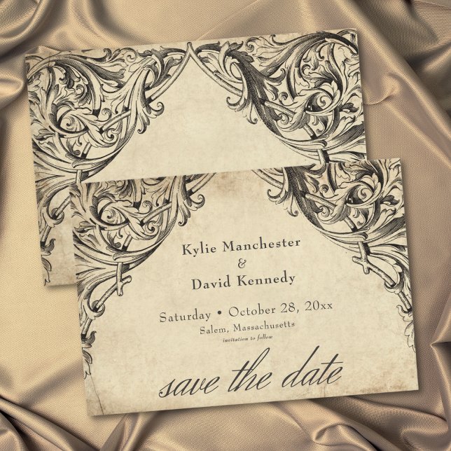 Vintage Bat Until Death Black Parchment Wedding Spara Datumet (Vintage Bat Until Death Black Parchment Photo Save The Date)