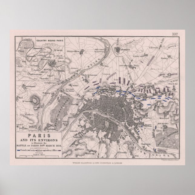 Vintage Battle of Paris Karta (1814) Poster (Framsidan)