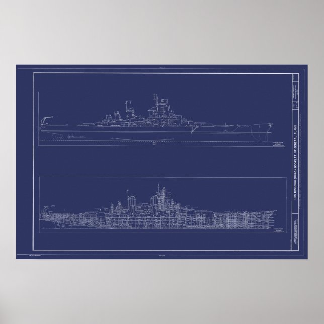 Vintage Battleship USS Missouri Blueprint Poster (Framsidan)