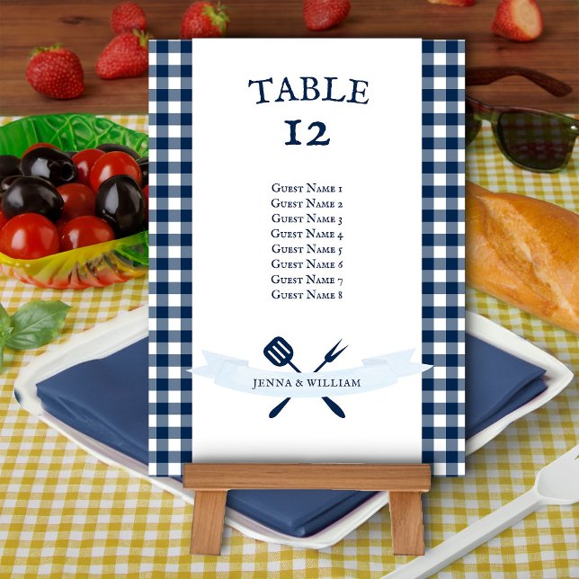 Vintage BBQ: Blått Gingham Bröllop-visitkort (Table Seating card from my Rustic Farmhouse BBQ Bridal Shower collection)