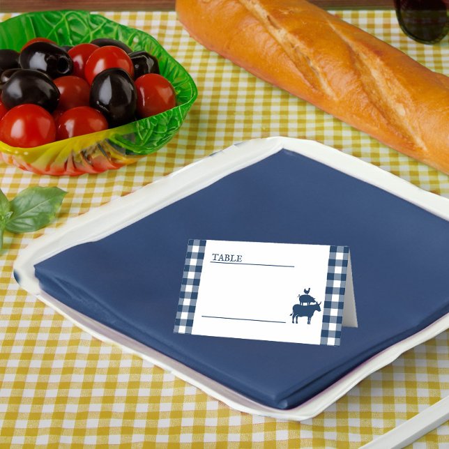 Vintage BBQ Navy Blue Gingham Bröllop Placeringskort (Place Card from my Rustic Farmhouse BBQ Bridal Shower collection)