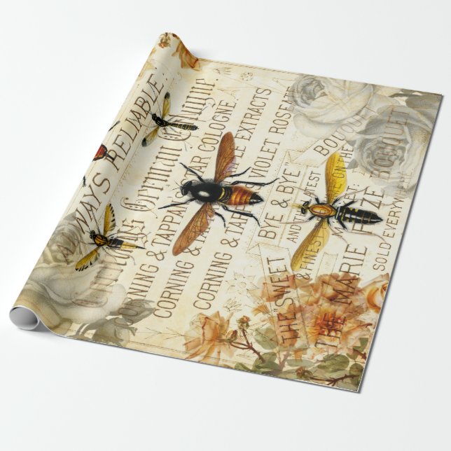 Vintage Be Insektra Bukett med rosor Presentpapper (Utrullad)