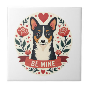 Vintage Be Mine Corgi Alla Hjärtans Dag Blommig Fo Kakelplatta