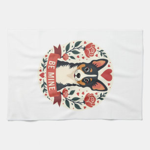 Vintage Be Mine Corgi Alla hjärtans dag Blommig Fo Kökshandduk