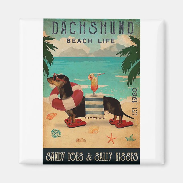 Vintage Beach Cocktail Life Dachshund Magnet (Framsidan)
