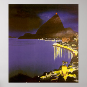 Vintage Beach på natten i Rio De Janeiro, Brasilie Poster