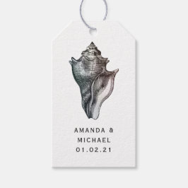 Vintage Beach Shell och Damask Nautical Presentetikett